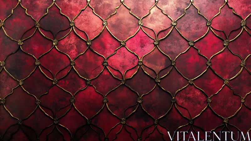 Ornate gold lattice over textured crimson patinated wall
