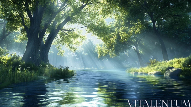 Sunlit forest river invites quiet moments of peaceful escape