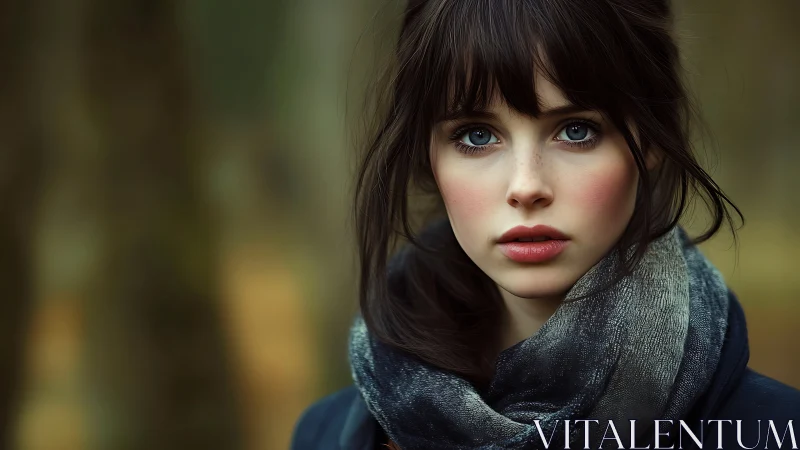 Calm blue eyed woman in scarf against soft forest background.