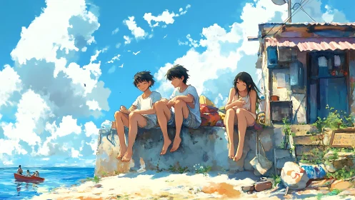 Summer friends rest on a sunlit seaside wall together.