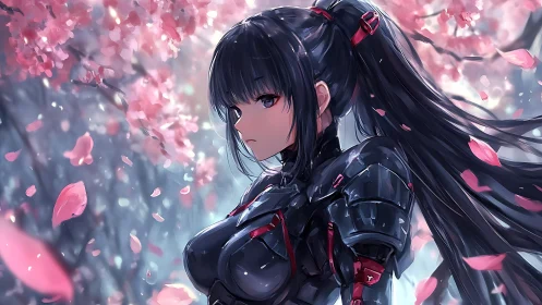 Stoic cyber samurai beneath drifting cherry blossoms.