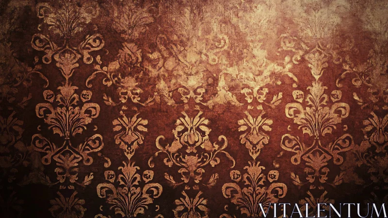 Vintage damask wallpaper shows ornate gold floral decay