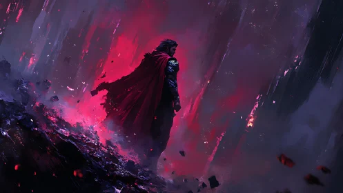 Caped figure stands amid red and violet atmospheric debris field