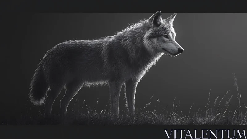 Soft moonlit wolf study in quiet grayscale wilderness.