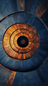 Spiral staircase abstraction in blue and amber tones.