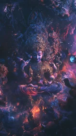 Cosmic deity meditates amid swirling nebula fire and stars.