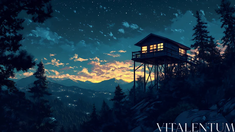 Cozy stilted cabin glowing above quiet mountain twilight.