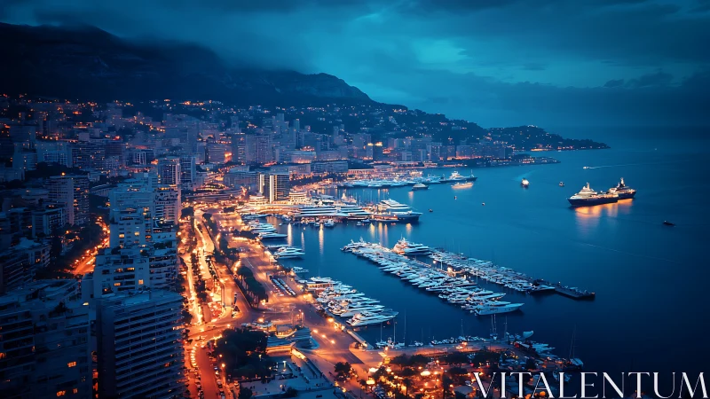 Night coastal city skyline with marina and cruise ships.