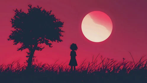 Silhouetted child stands under tree facing oversized red sun