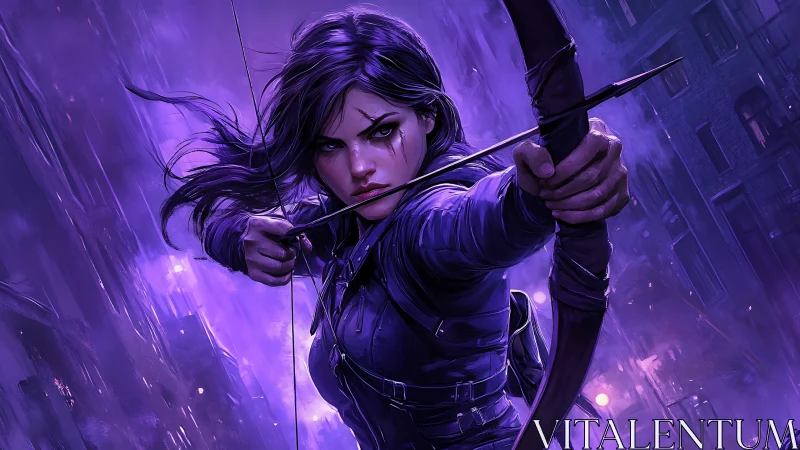 Violet archer holds a drawn bow in a neon drenched city