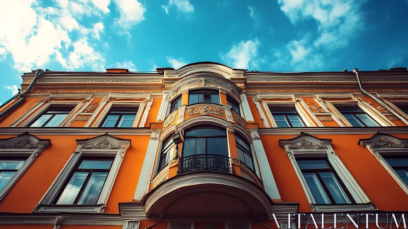 Neoclassical orange facade captured from low symmetrical viewpoint
