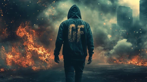 Hooded figure in burning urban street with dense smoke.