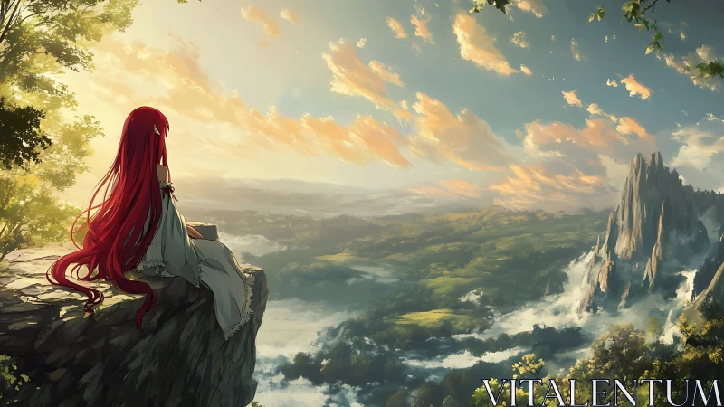 Red-haired girl overlooking vast fantasy valley at dawn.