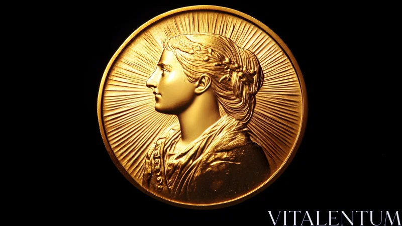 Golden commemorative coin with classical woman profile, radiant style.