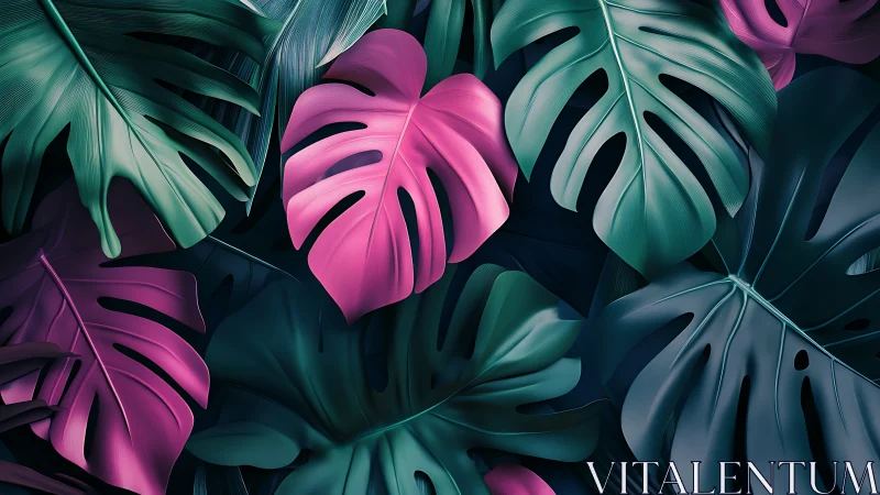 Pink and teal monstera leaves in bold tropical pattern.
