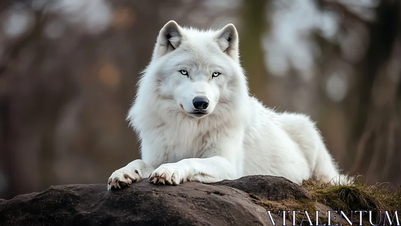 White wolf lies on a rock ledge and looks directly forward.