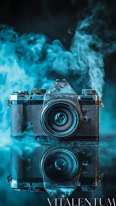 Vintage film camera with blue smoke and reflective surface.
