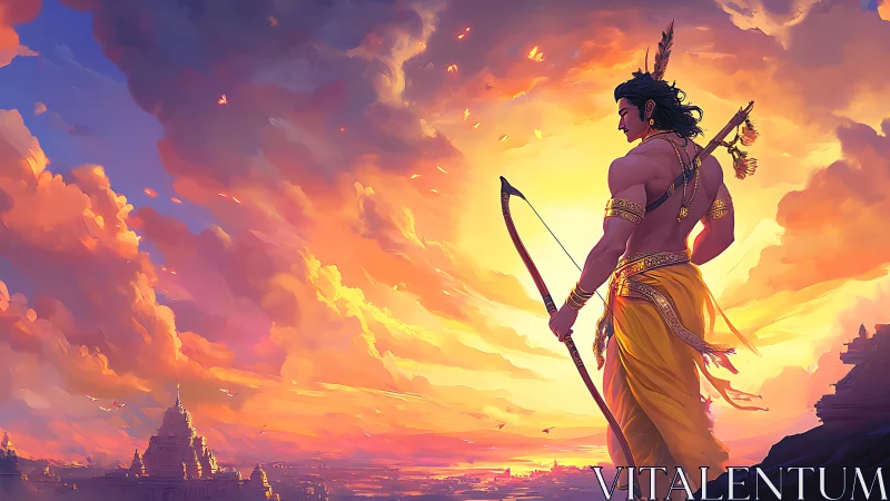 Warrior with bow stands over distant temples at sunset