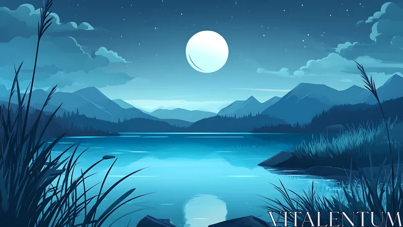 Stylized nocturnal lake with layered mountains under high full moon