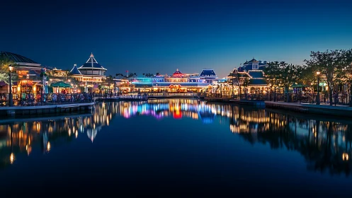 Lakeside entertainment district glows under deep blue dusk