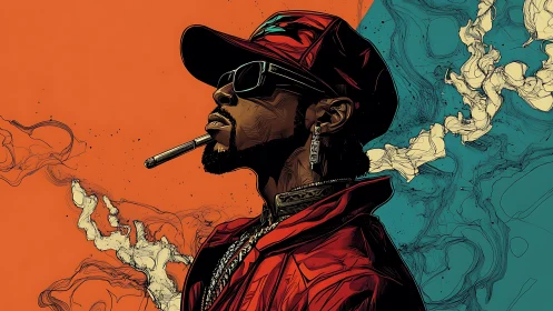 Bold urban portrait in split orange teal backdrop style.