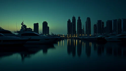 Marina skyline silhouettes reflect on calm water at blue hour