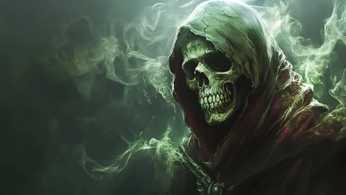 Hooded skeletal reaper in green mist with dark cloak.