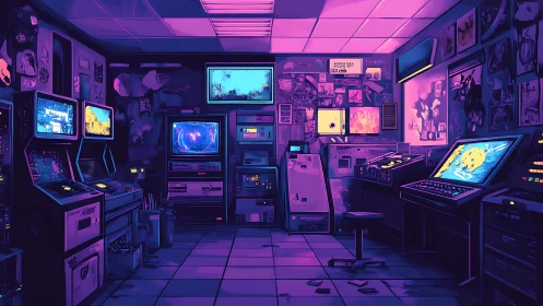 Neon arcade control room glows with retro sci fi game energy