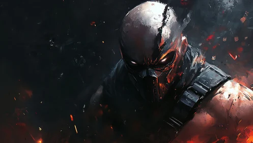 Armored masked warrior emerges from burning abstract darkness