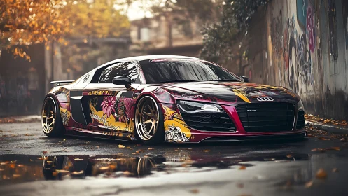 Modified Audi R8 with graphic wrap in urban autumn street.