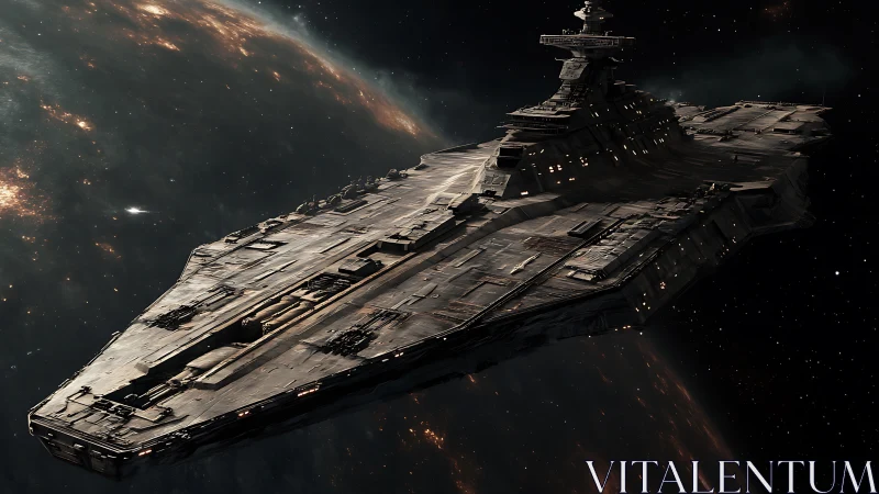 Massive wedge starship cruising above glowing planet in space.