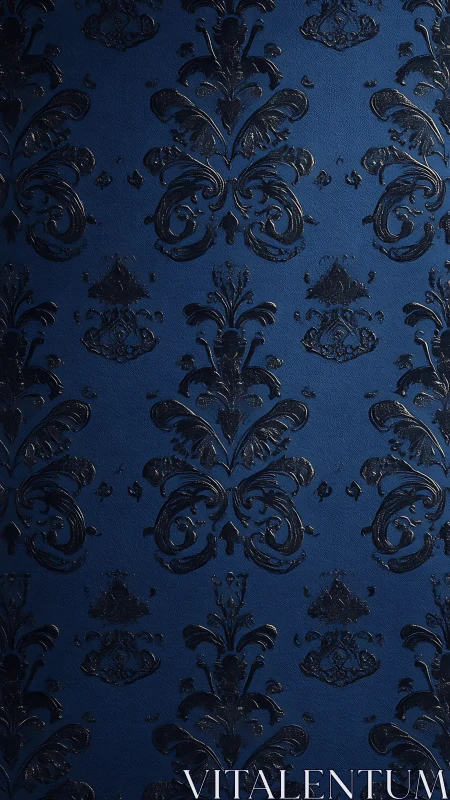Embossed dark damask motif on matte cobalt blue textile surface