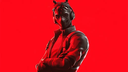Bold masked gamer hero stands confident in vivid red light