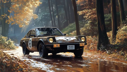 Golden rally car enjoys a peaceful autumn forest drive