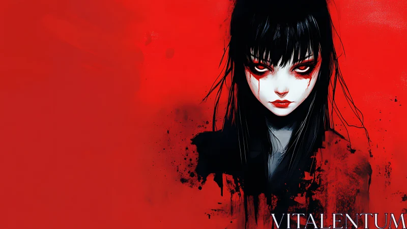 Red background goth portrait with smeared black digital ink