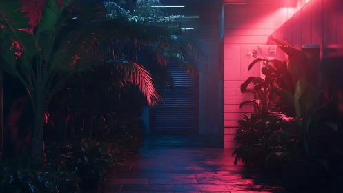 Neon lit tropical corridor with wet tiles and aluminum shutter