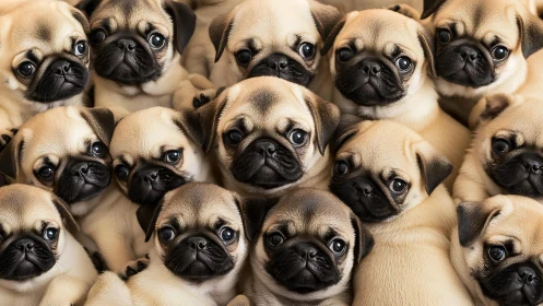 Dense arrangement of uniformly lit fawn pug puppies