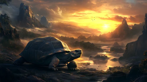 Large tortoise occupies foreground within misty river valley
