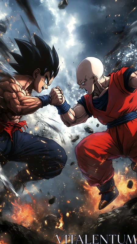 Rival warriors clash midair amid swirling fire and debris.