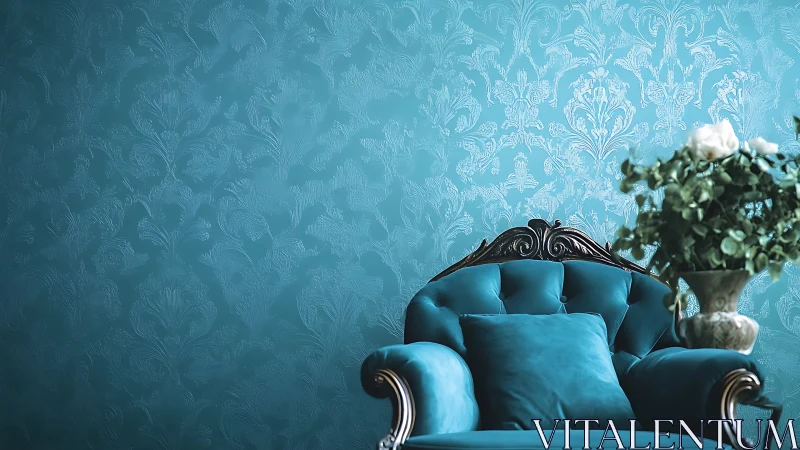 Turquoise velvet armchair against ornate damask backdrop.