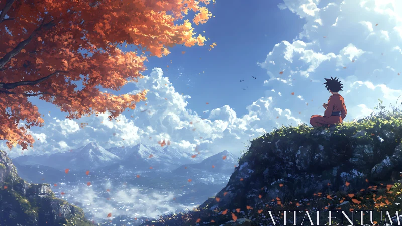 Autumn hillside panorama frames meditating figure under volumetric clouds