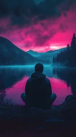 Silent lakeside glow under electric pink twilight sky.
