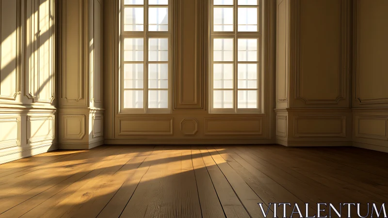Photorealistic sunlit classical interior with paneled walls.