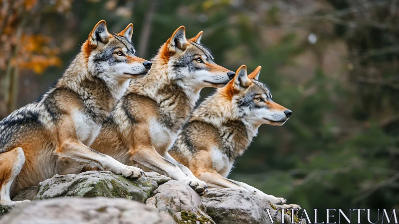Three watchful wolves sharing a quiet forest lookout.