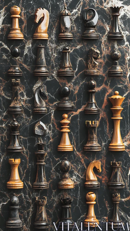 Marbled chess army stands ranked in burnished amber columns