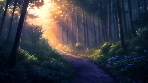 Sunlit forest path through towering redwoods at golden hour