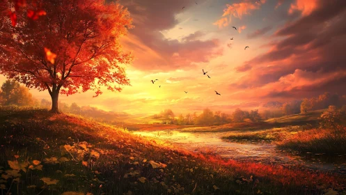 Sunset over autumn meadow and reflective riverside pond.