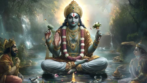 Four-armed seated deity rendered in detailed river landscape