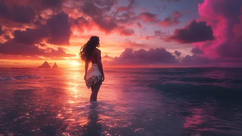 Sunlit island wanderer gazes across a glowing ocean horizon.