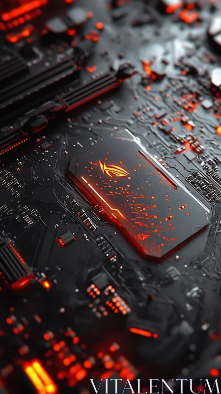 High-contrast motherboard close-up reveals illuminated chipset topology